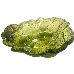 Green Depression Glass Berry Bowl With Leaf & Fruit Design